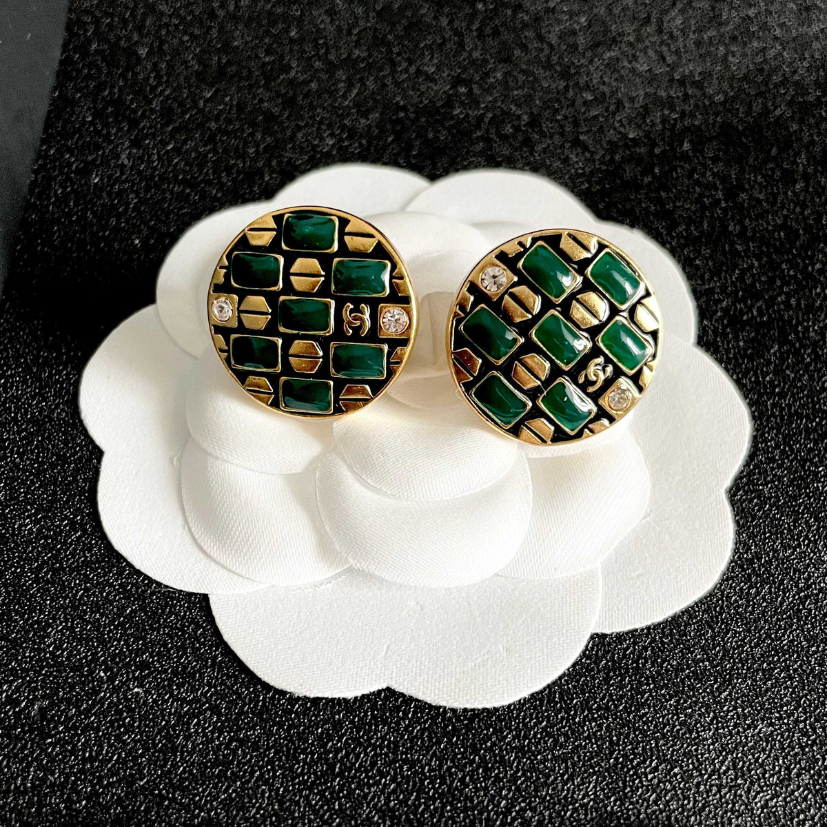 Double-C Emblem Stud Earrings in Polished Metal-Tone – Design 414 front product view