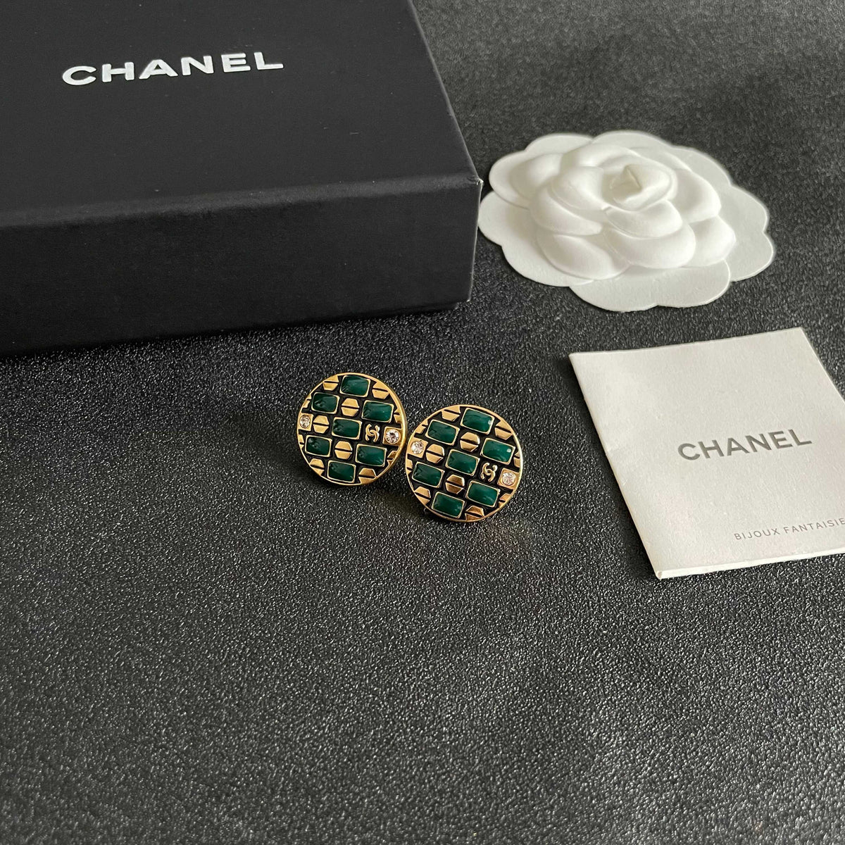 Double-C Emblem Stud Earrings in Polished Metal-Tone – Design 454 styled product view