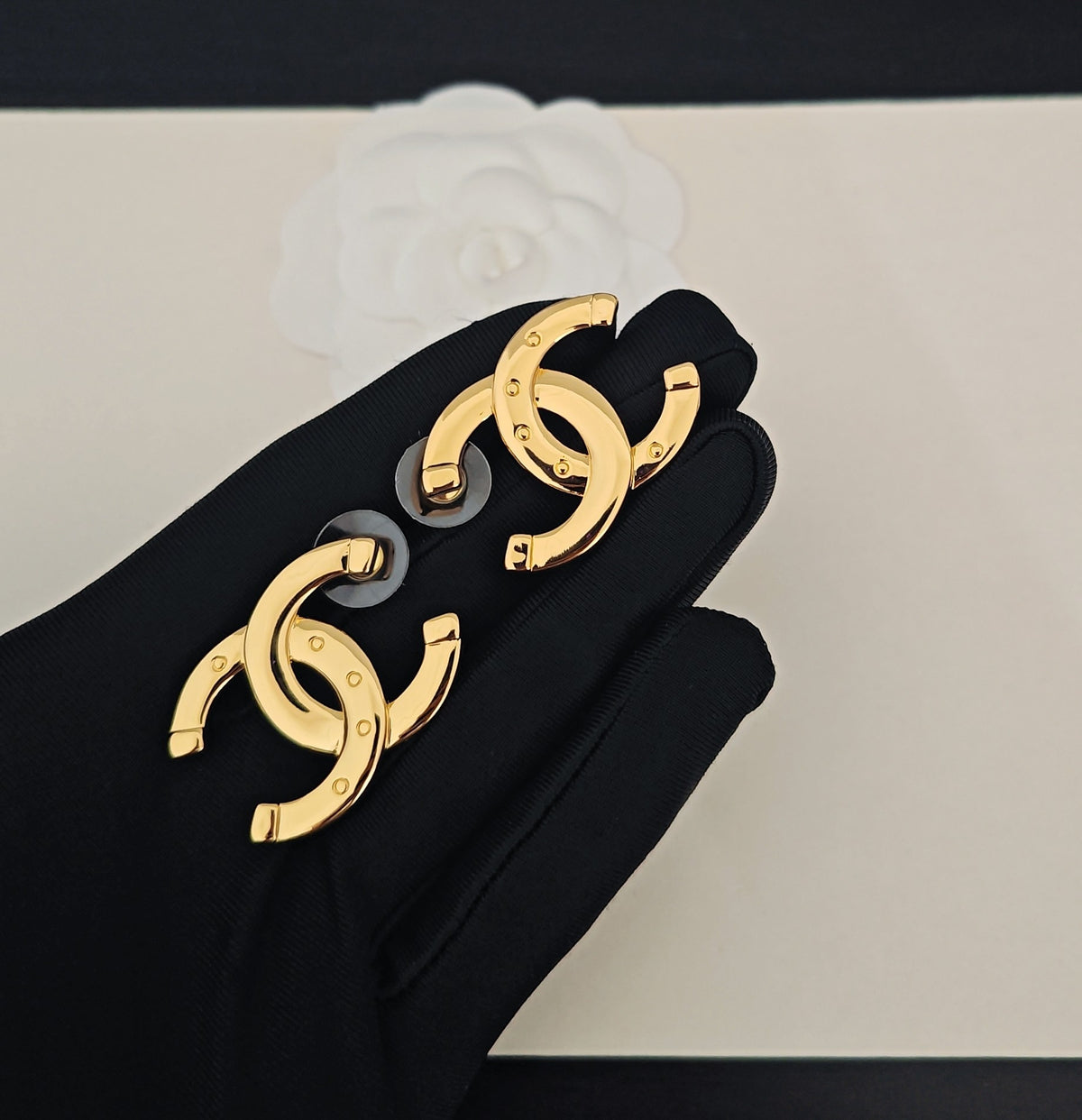 Signature Emblem Stud Earrings in Gold-Tone – Design 080 detail view