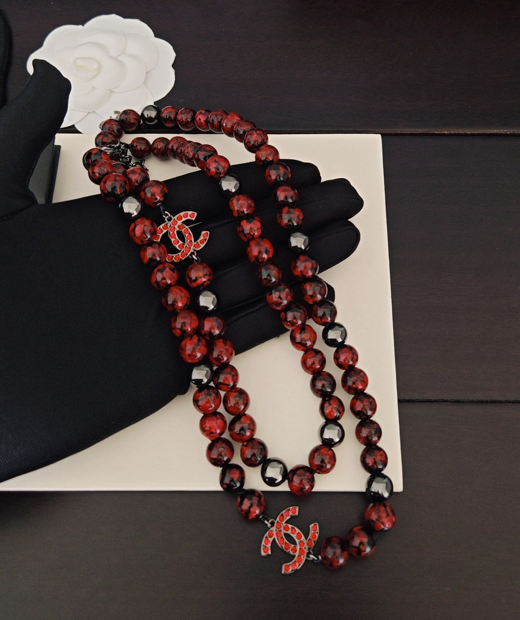 Signature Emblem Pendant Necklace in Gold-Tone – Red Detail – Design 003 main product view
