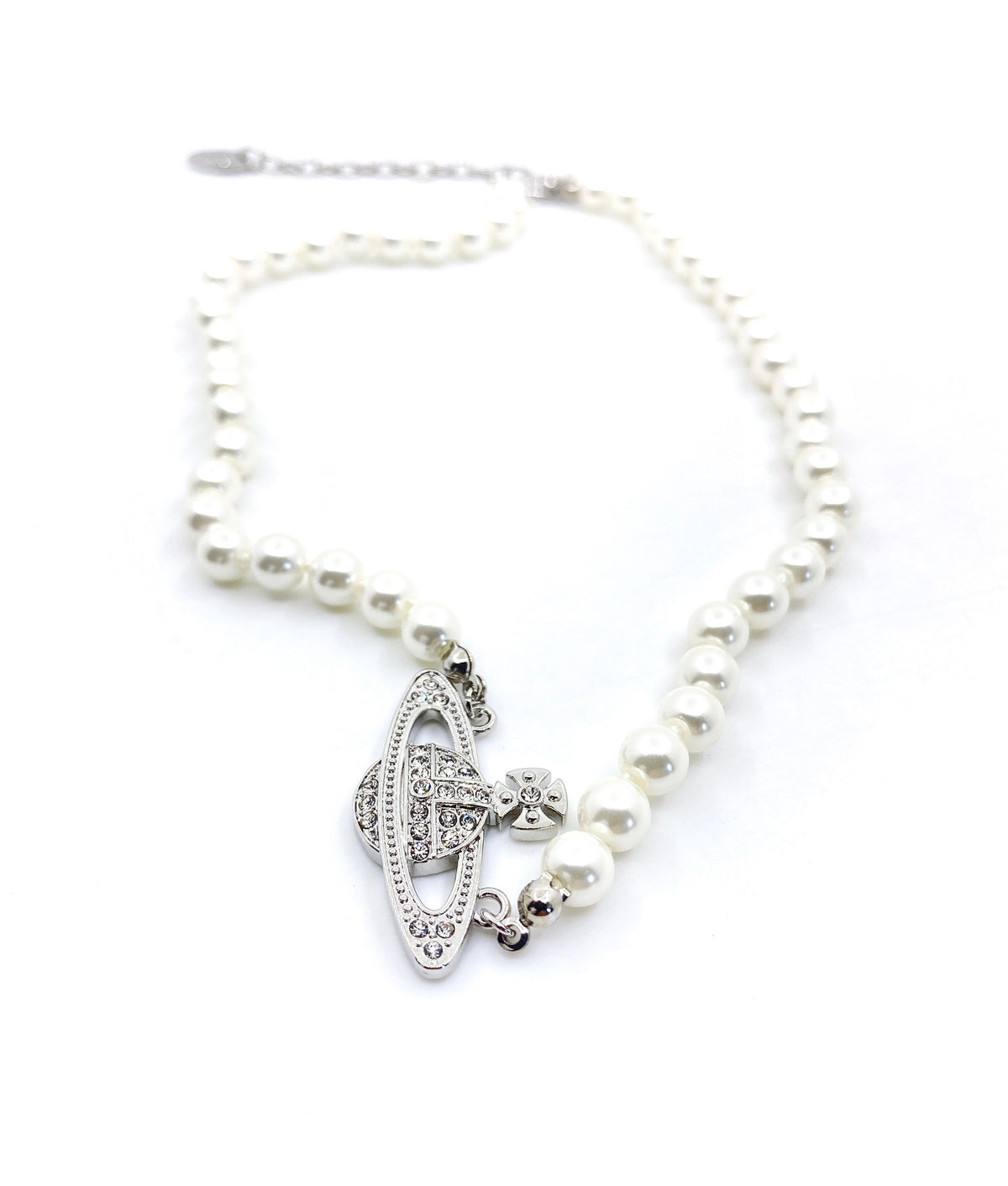 Orb Pendant Necklace in Polished Metal-Tone – Pearl Detail – Design 023 side detail
