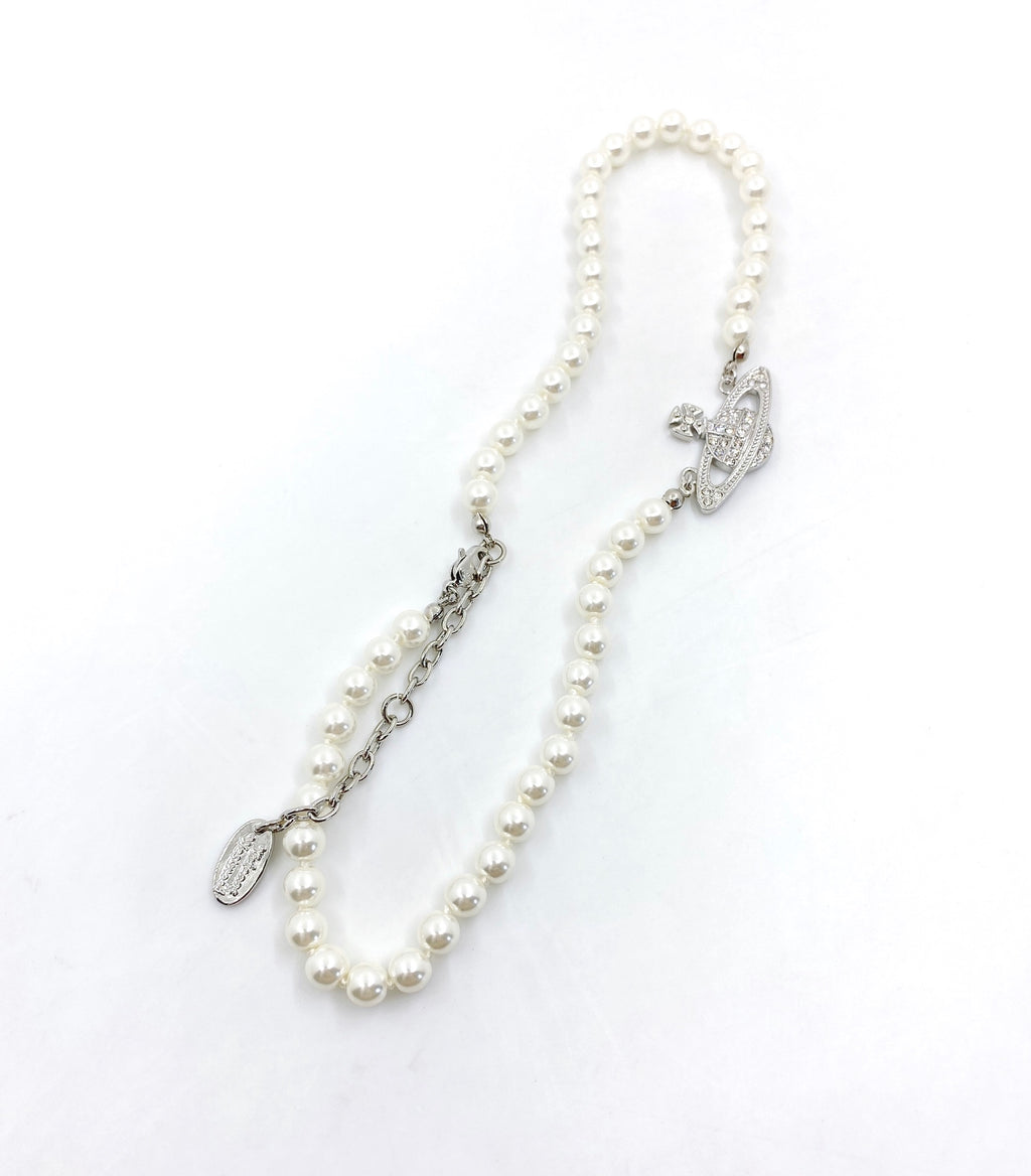 Orb Pendant Necklace in Polished Metal-Tone – Pearl Detail – Design 025 front product view