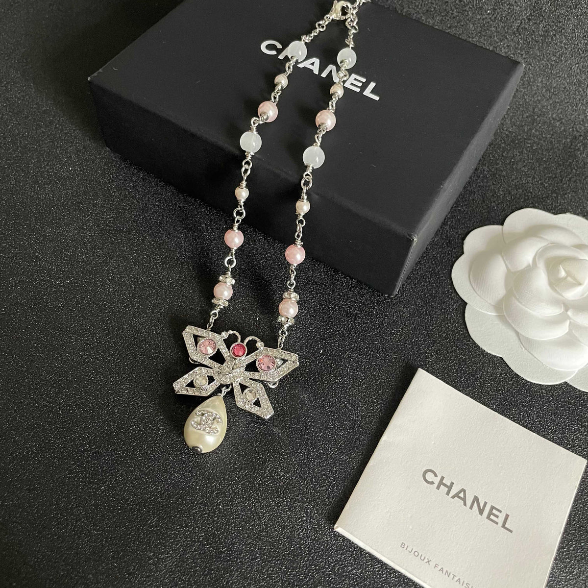 Double-C Emblem Pearl-Detail Pendant Necklace – Pearl Detail – Design 133 close-up detail