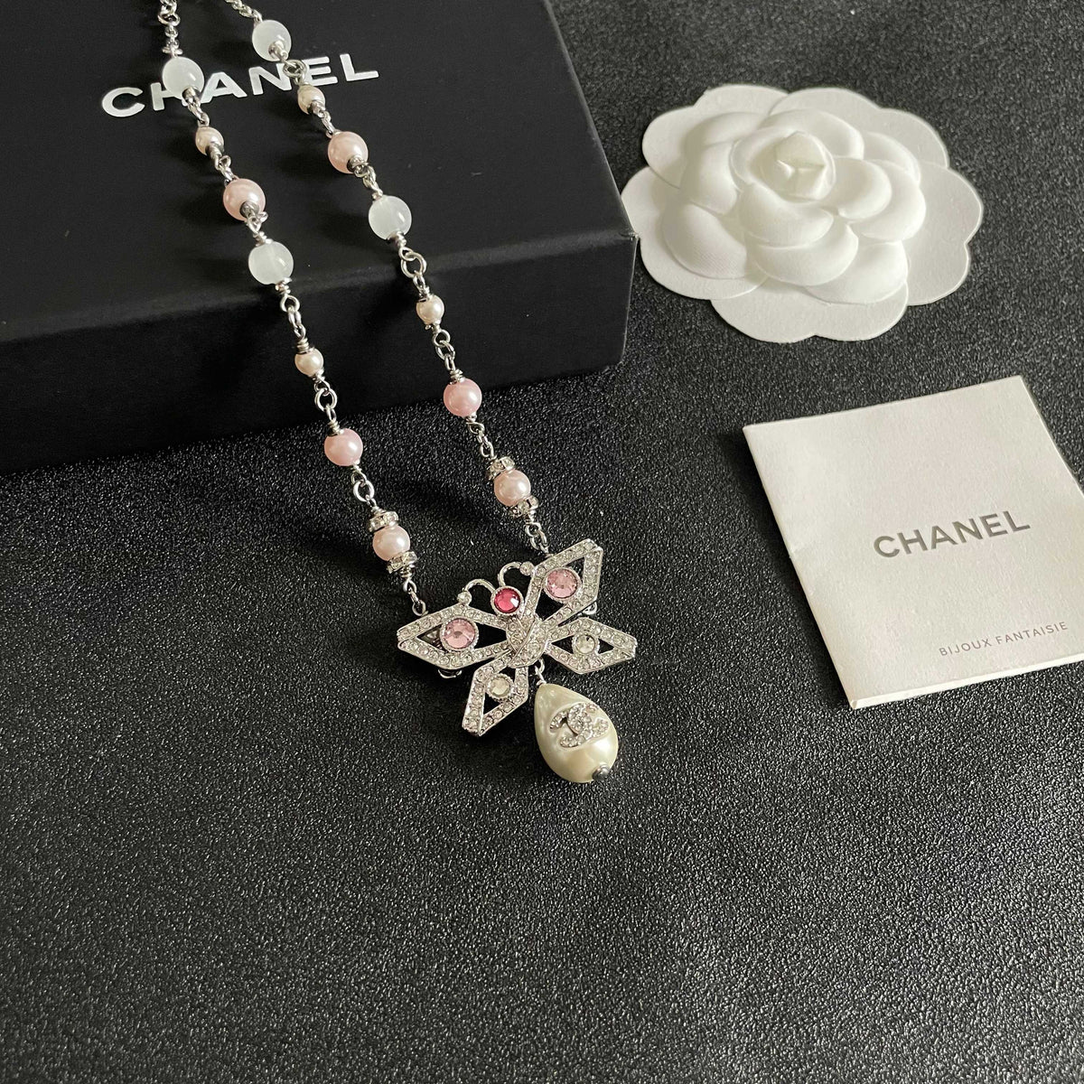 Double-C Emblem Pearl-Detail Pendant Necklace – Pearl Detail – Design 128 styled product view
