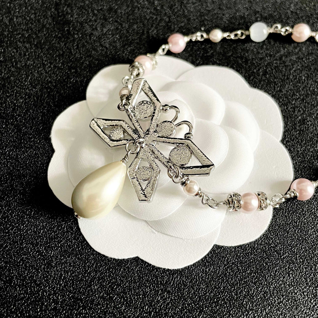 Double-C Emblem Pearl-Detail Pendant Necklace – Pearl Detail – Design 128 front product view
