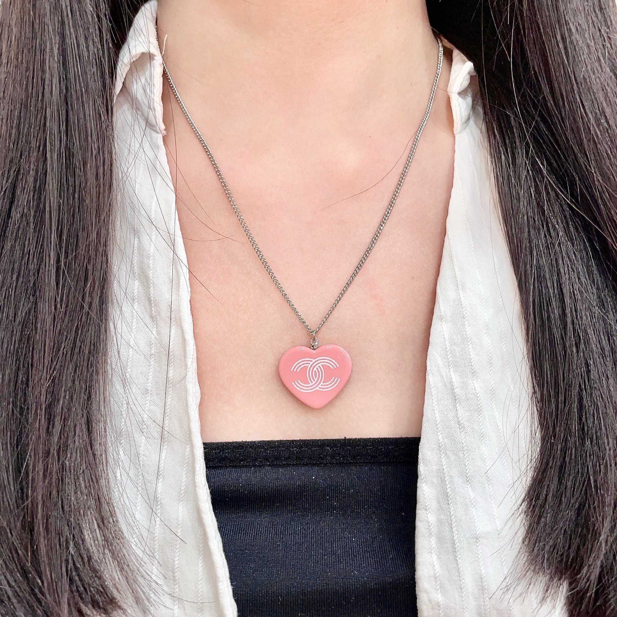 Double-C Emblem Pendant Necklace in Polished Metal-Tone – Heart Detail – Design 007 detail view