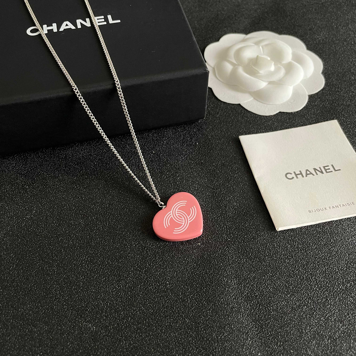 Double-C Emblem Pendant Necklace in Polished Metal-Tone – Heart Detail – Design 007 styled product view