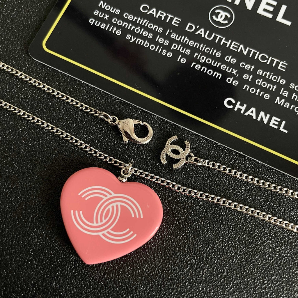Double-C Emblem Pendant Necklace in Polished Metal-Tone – Heart Detail – Design 007 main product view