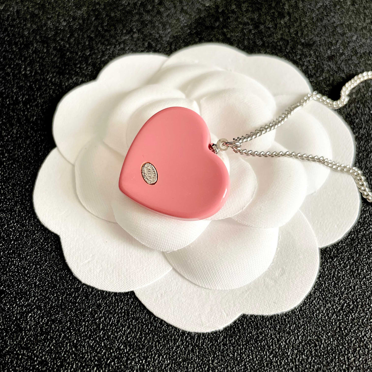 Double-C Emblem Pendant Necklace in Polished Metal-Tone – Heart Detail – Design 007 front product view