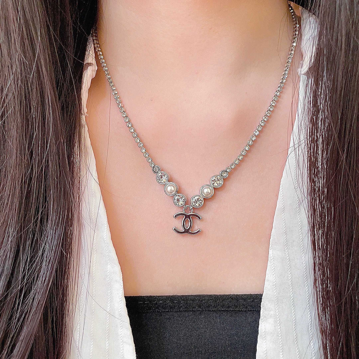 Double-C Emblem Pearl-Detail Pendant Necklace – Pearl Detail – Design 132 detail view