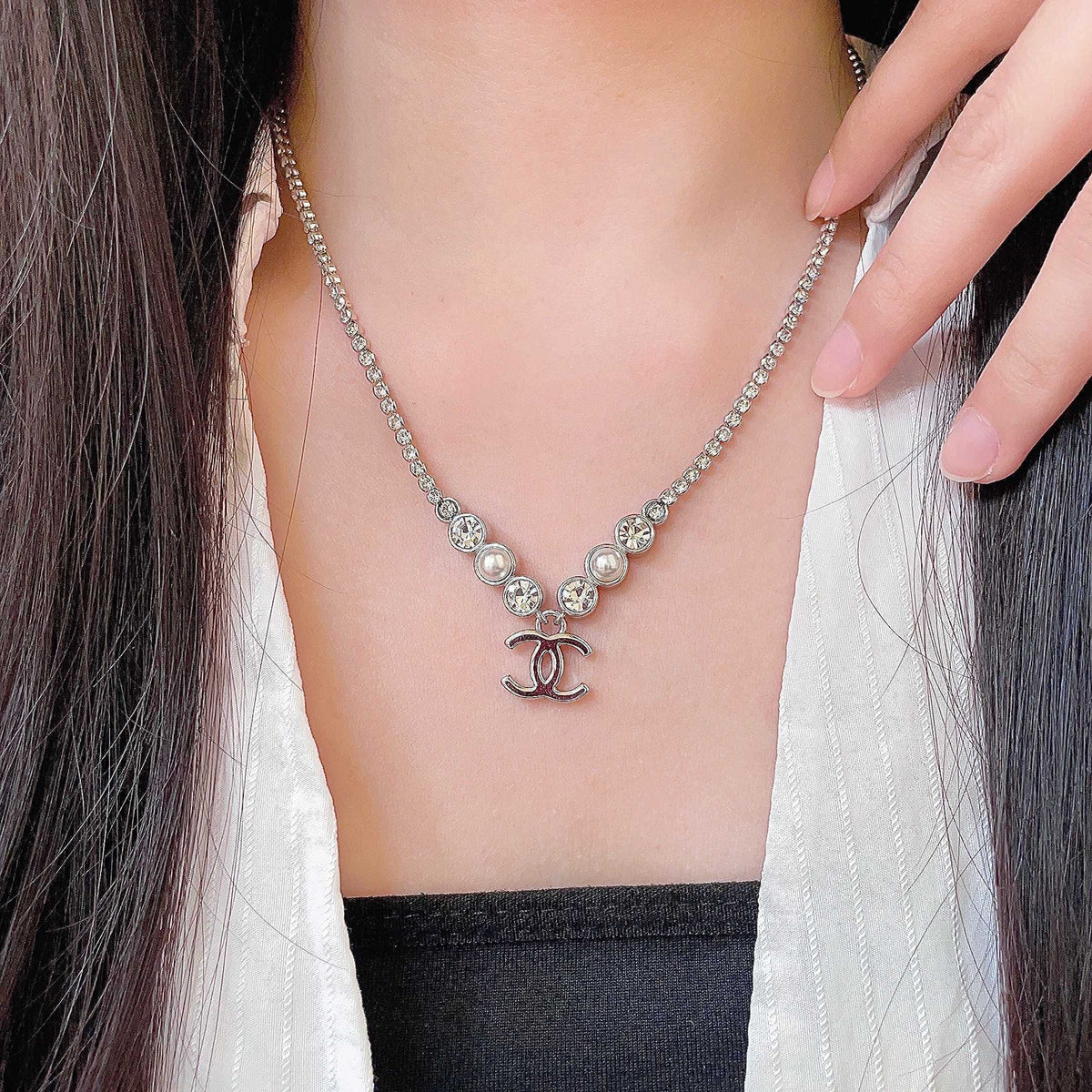 Double-C Emblem Pearl-Detail Pendant Necklace – Pearl Detail – Design 132 main product view