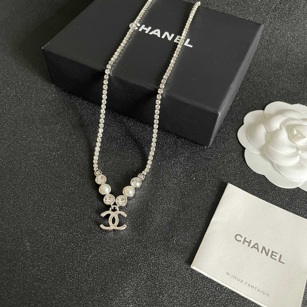Double-C Emblem Pearl-Detail Pendant Necklace – Pearl Detail – Design 132 close-up detail