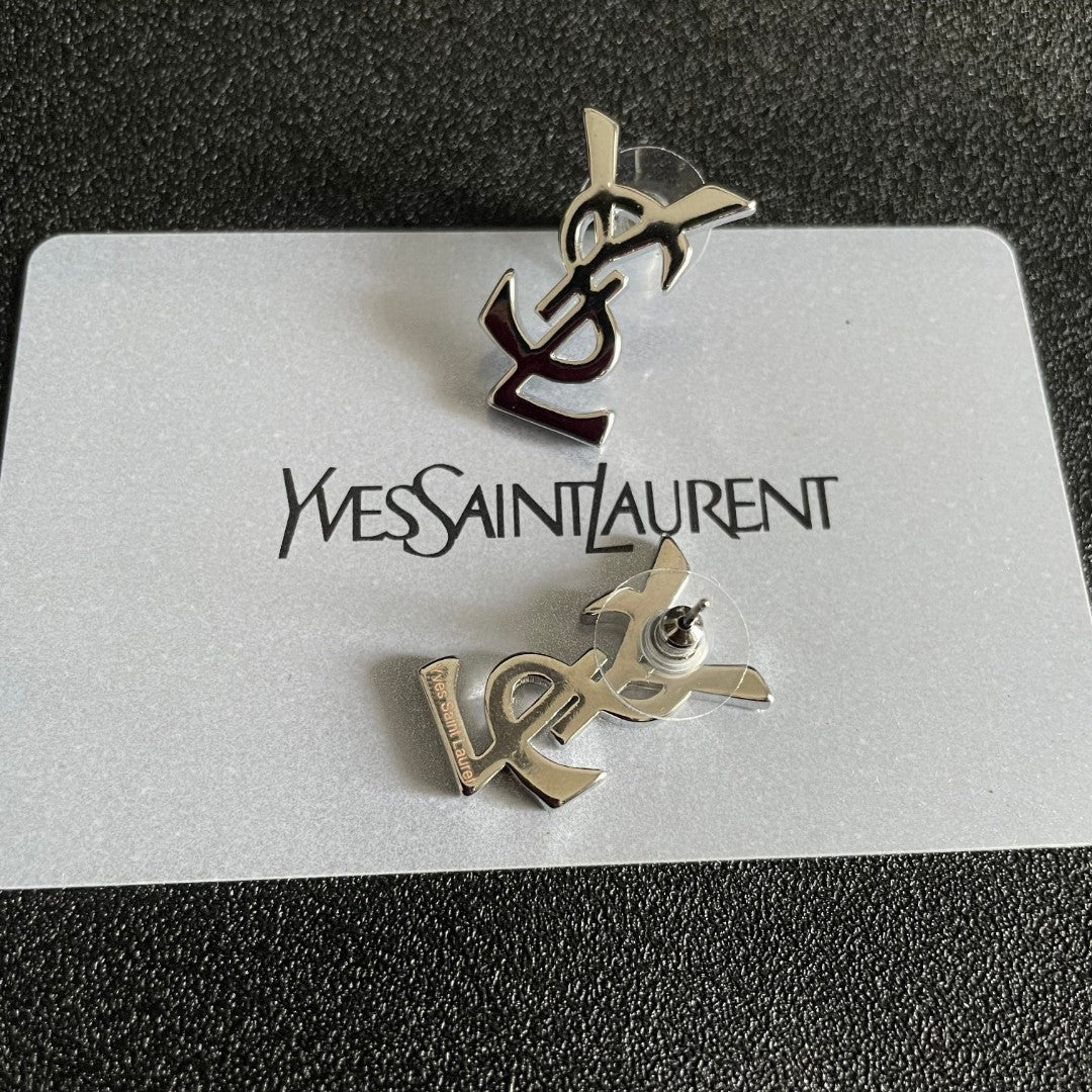 Letter Emblem Stud Earrings in Polished Metal-Tone – Design 012 main product view
