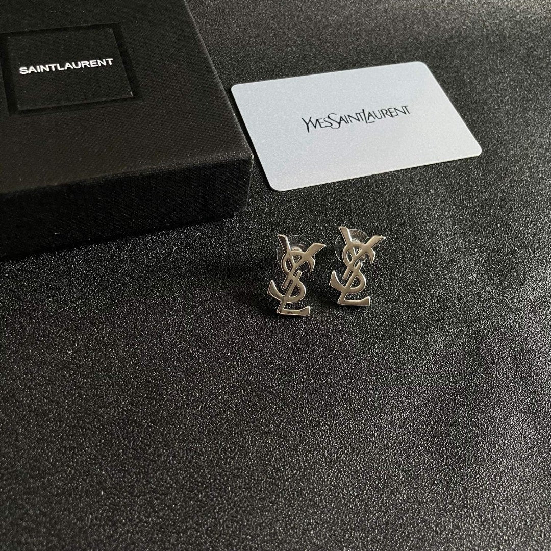 Letter Emblem Stud Earrings in Polished Metal-Tone – Design 012 styled product view
