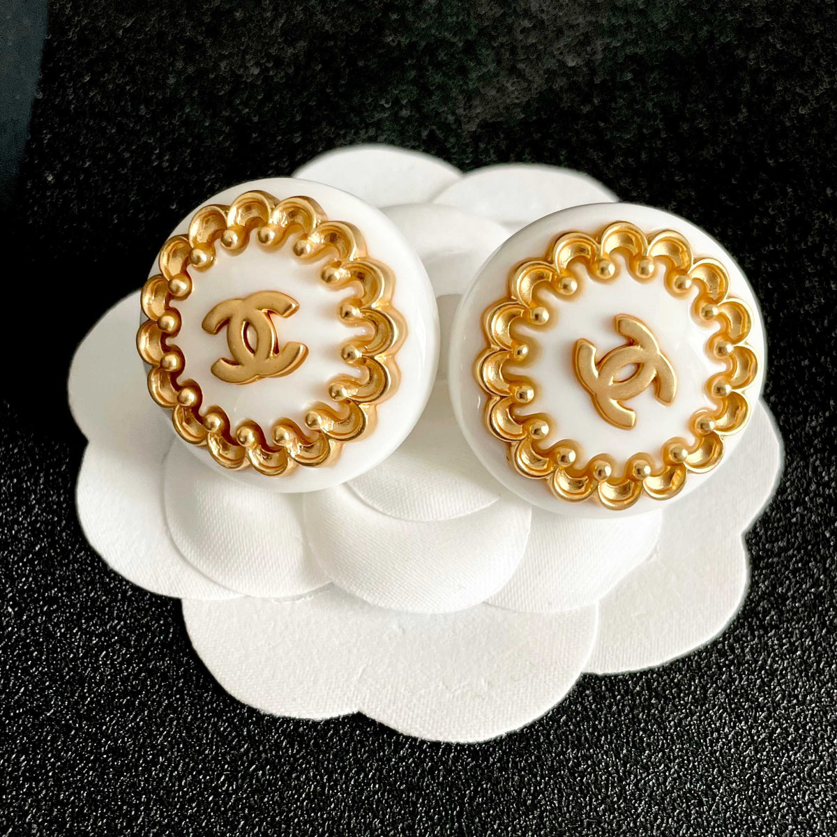 Double-C Emblem Stud Earrings in Polished Metal-Tone – Design 478 front product view