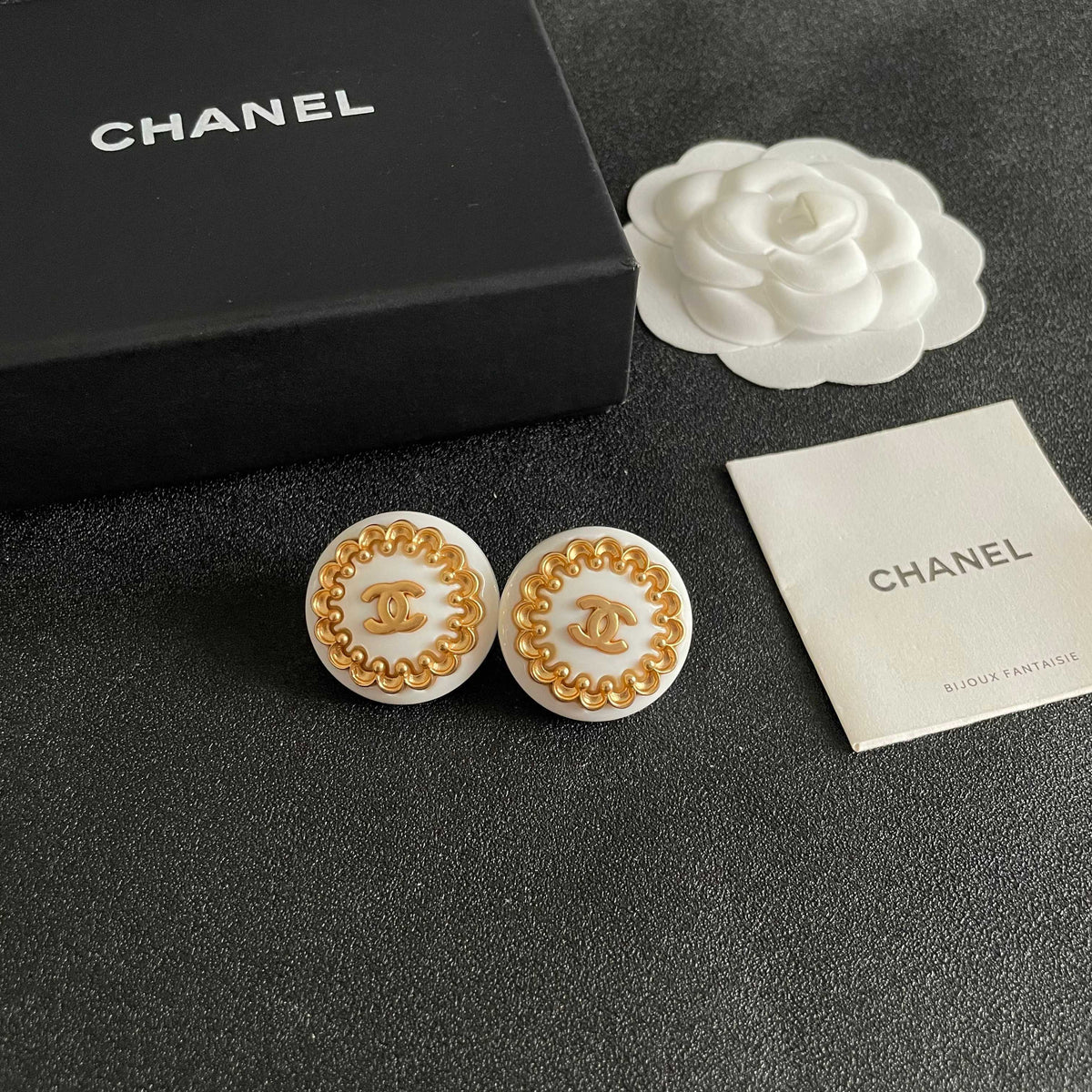 Double-C Emblem Stud Earrings in Polished Metal-Tone – Design 411 styled product view