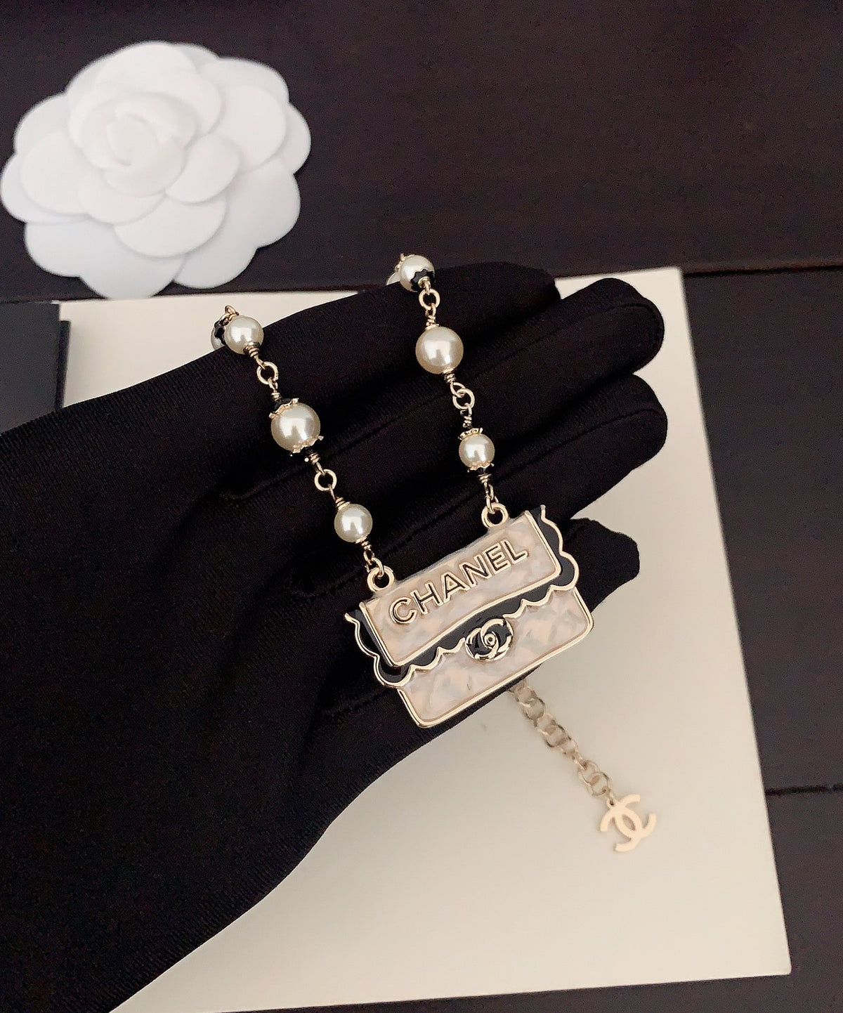 Signature Emblem Pendant Necklace in Gold-Tone – Black Detail – Design 018 front product view