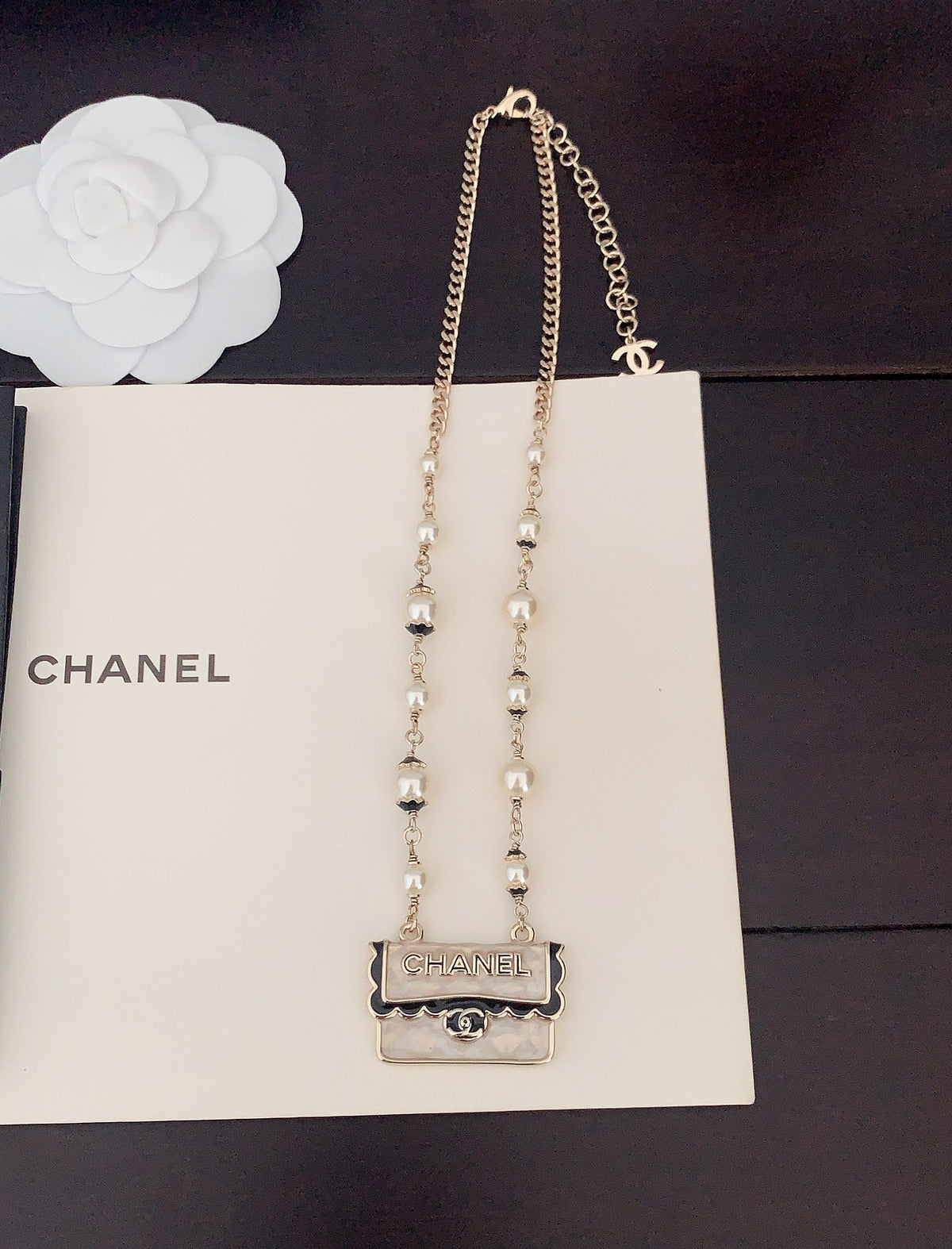 Signature Emblem Pendant Necklace in Gold-Tone – Black Detail – Design 018 side detail