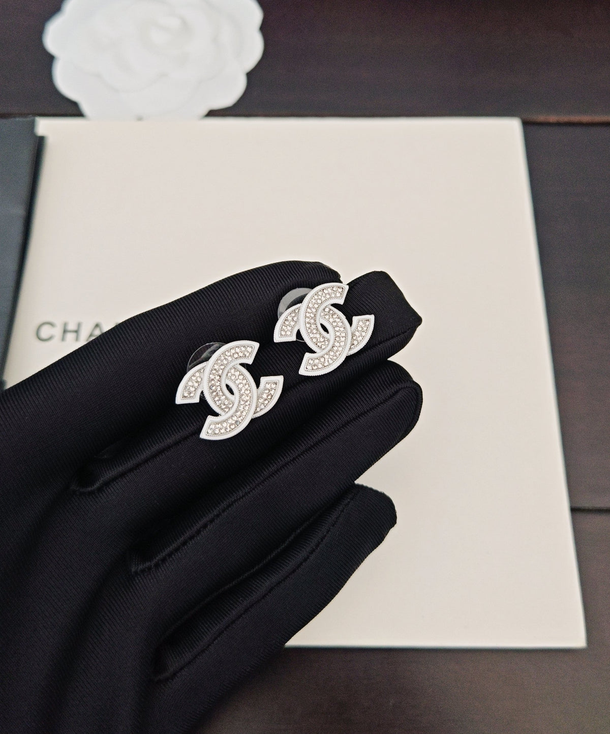 Signature Emblem Crystal-Accent Stud Earrings – White Detail – Design 002 main product view