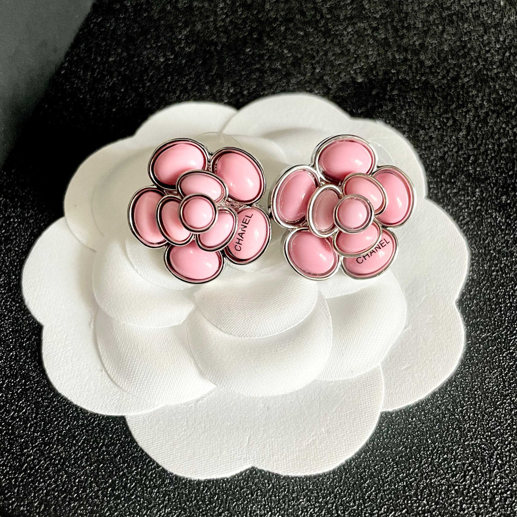 Camellia Stud Earrings in Polished Metal-Tone – Camellia Detail – Design 053 front product view