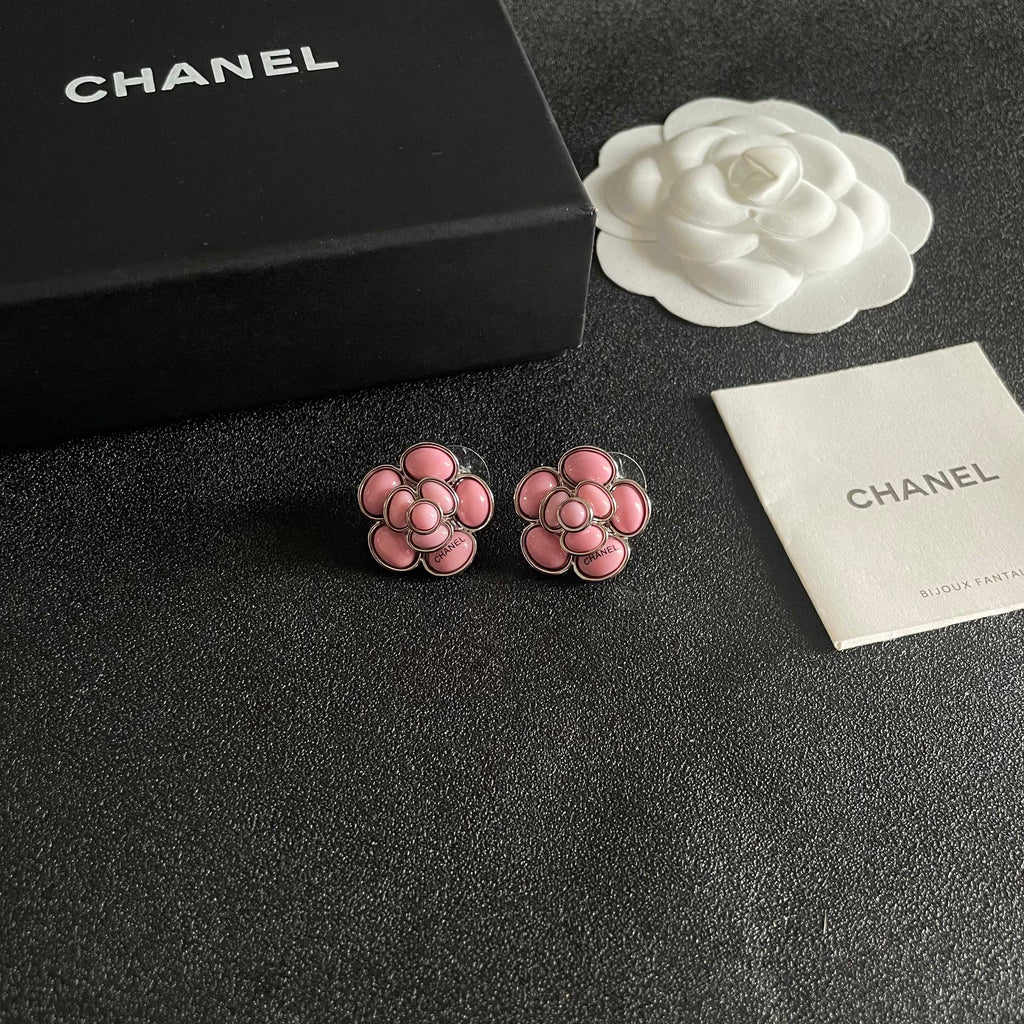 Camellia Stud Earrings in Polished Metal-Tone – Camellia Detail – Design 059 styled product view