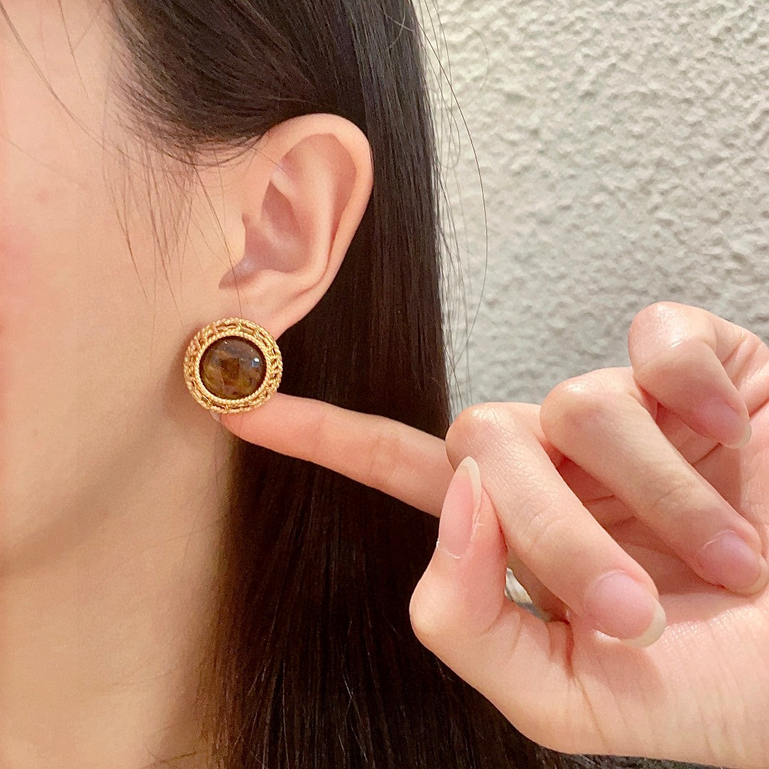 Double-C Emblem Stud Earrings in Polished Metal-Tone – Design 473 front product view