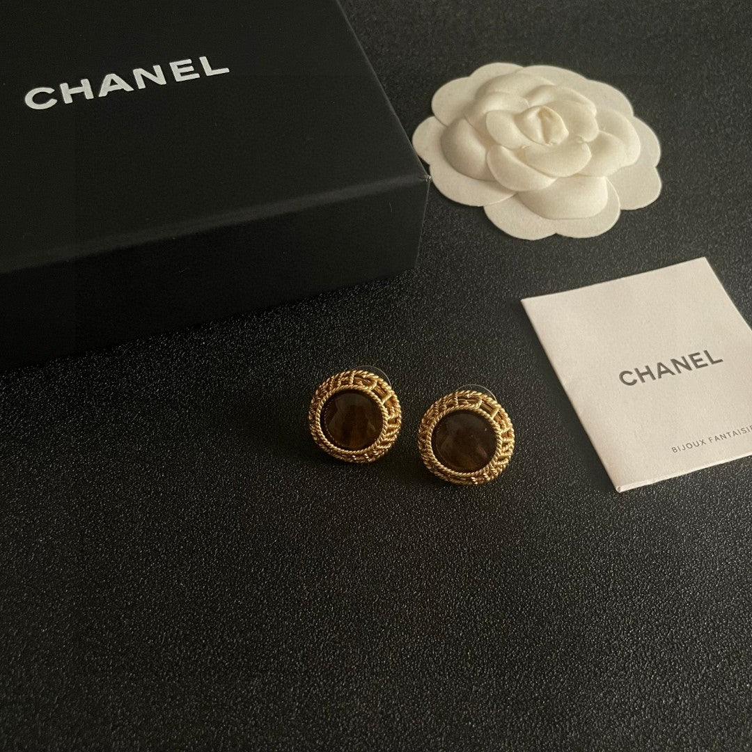 Double-C Emblem Stud Earrings in Polished Metal-Tone – Design 435 styled product view