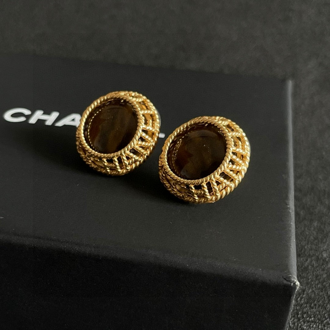 Double-C Emblem Stud Earrings in Polished Metal-Tone – Design 435 front product view