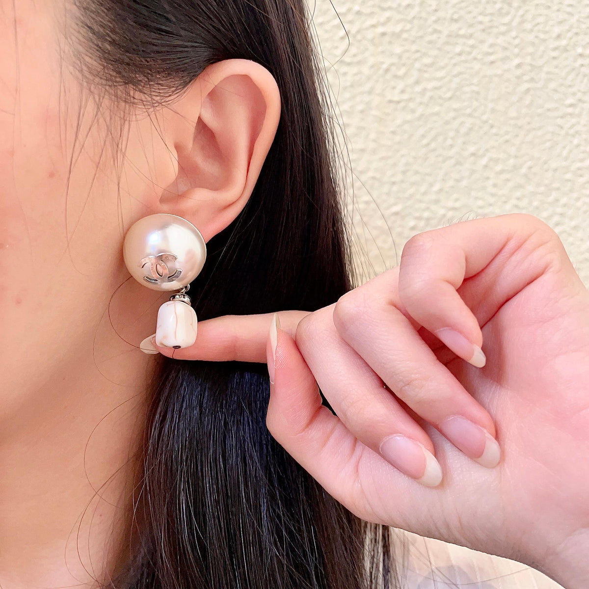 Double-C Emblem Pearl-Detail Statement Earrings – Pearl Detail – Design 032 front product view