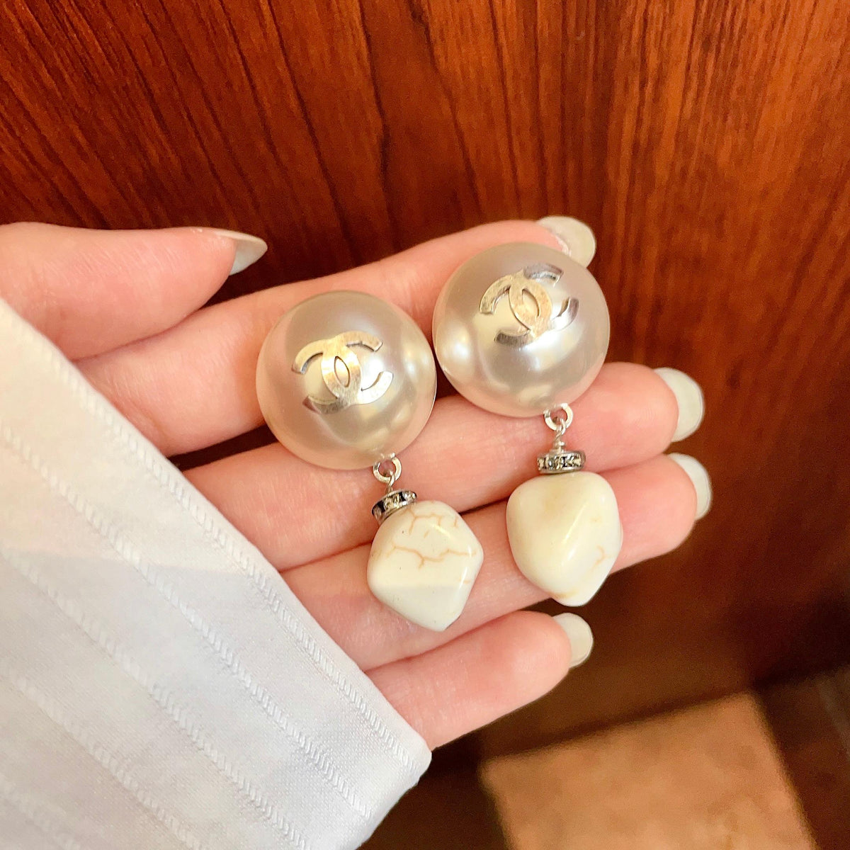 Double-C Emblem Pearl-Detail Statement Earrings – Pearl Detail – Design 032 side detail
