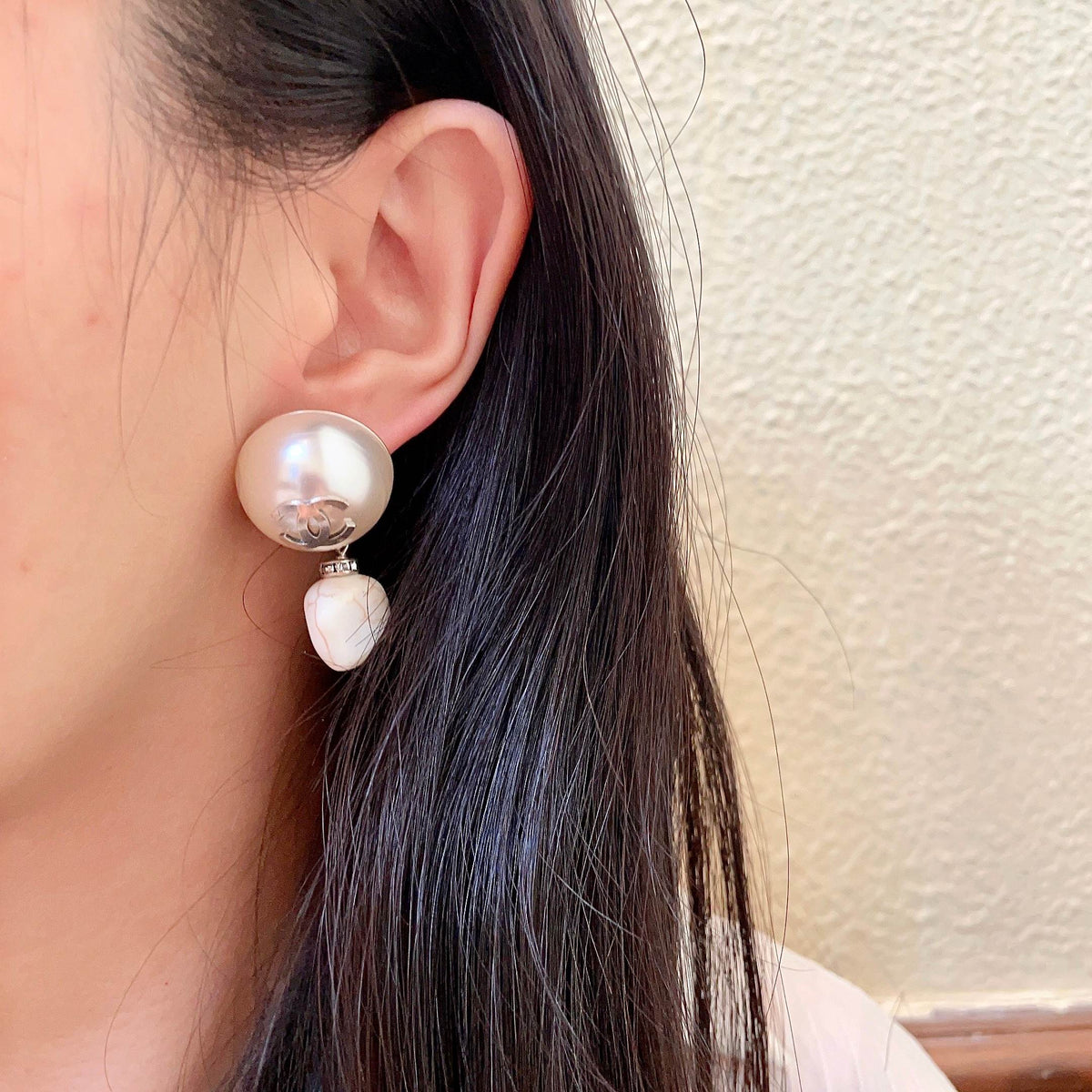 Double-C Emblem Pearl-Detail Statement Earrings – Pearl Detail – Design 032 detail view