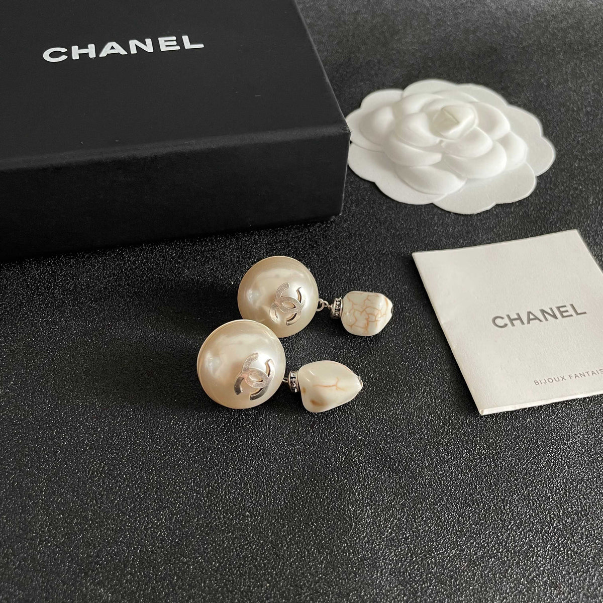 Double-C Emblem Pearl-Detail Statement Earrings – Pearl Detail – Design 032 styled product view