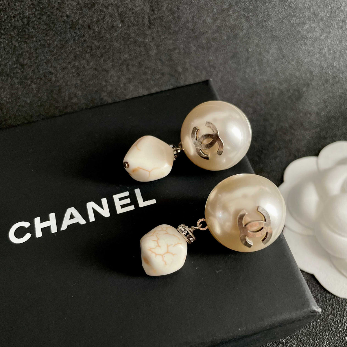 Double-C Emblem Pearl-Detail Statement Earrings – Pearl Detail – Design 032 detail view