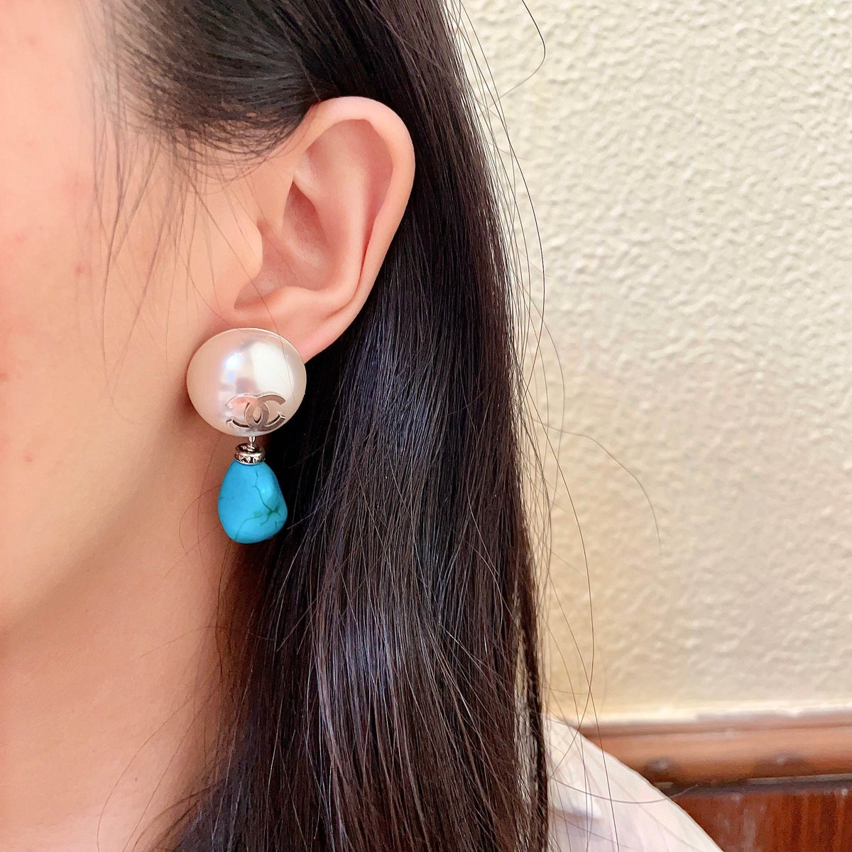 Double-C Emblem Pearl-Detail Statement Earrings – Pearl Detail – Design 033 detail view