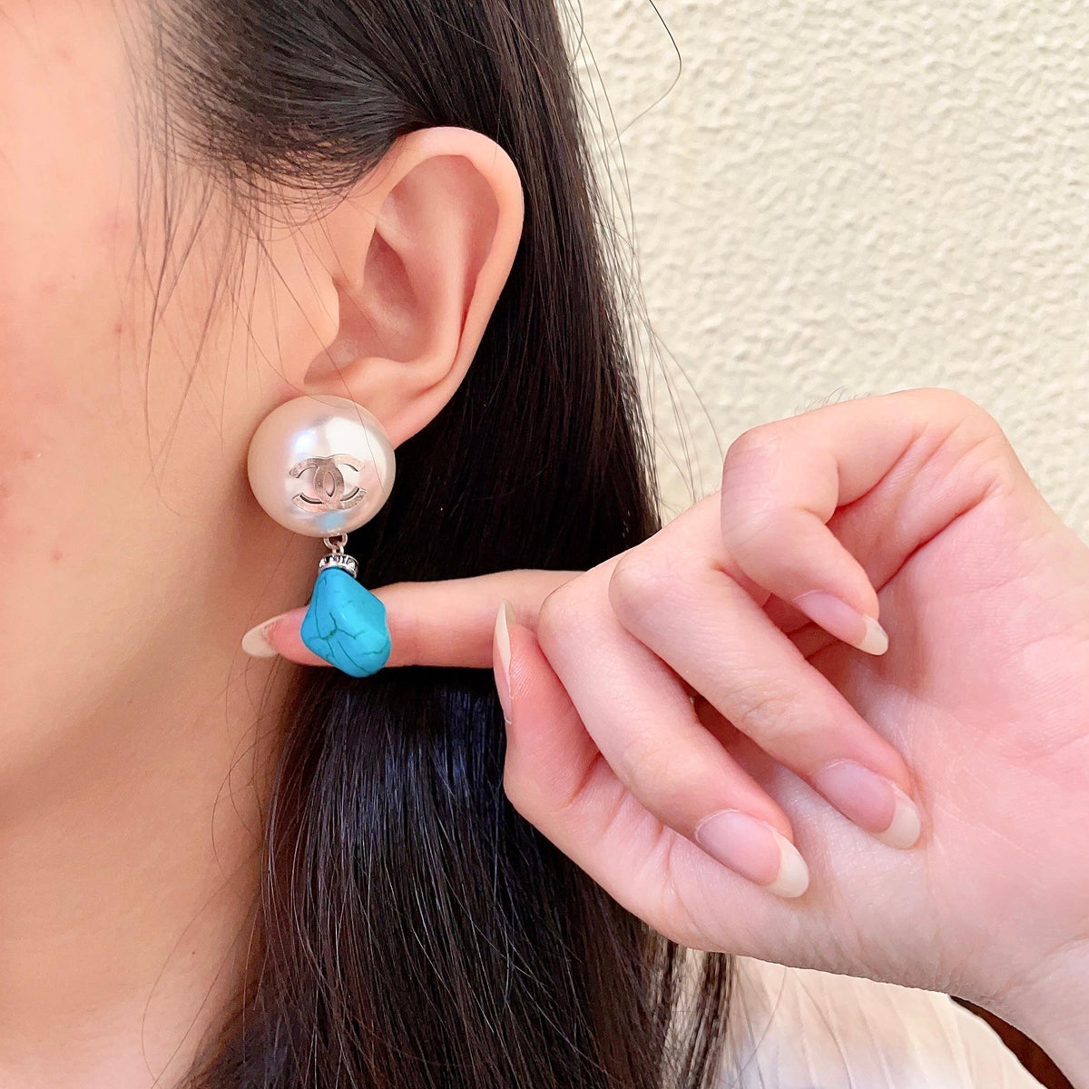 Double-C Emblem Pearl-Detail Statement Earrings – Pearl Detail – Design 031 front product view