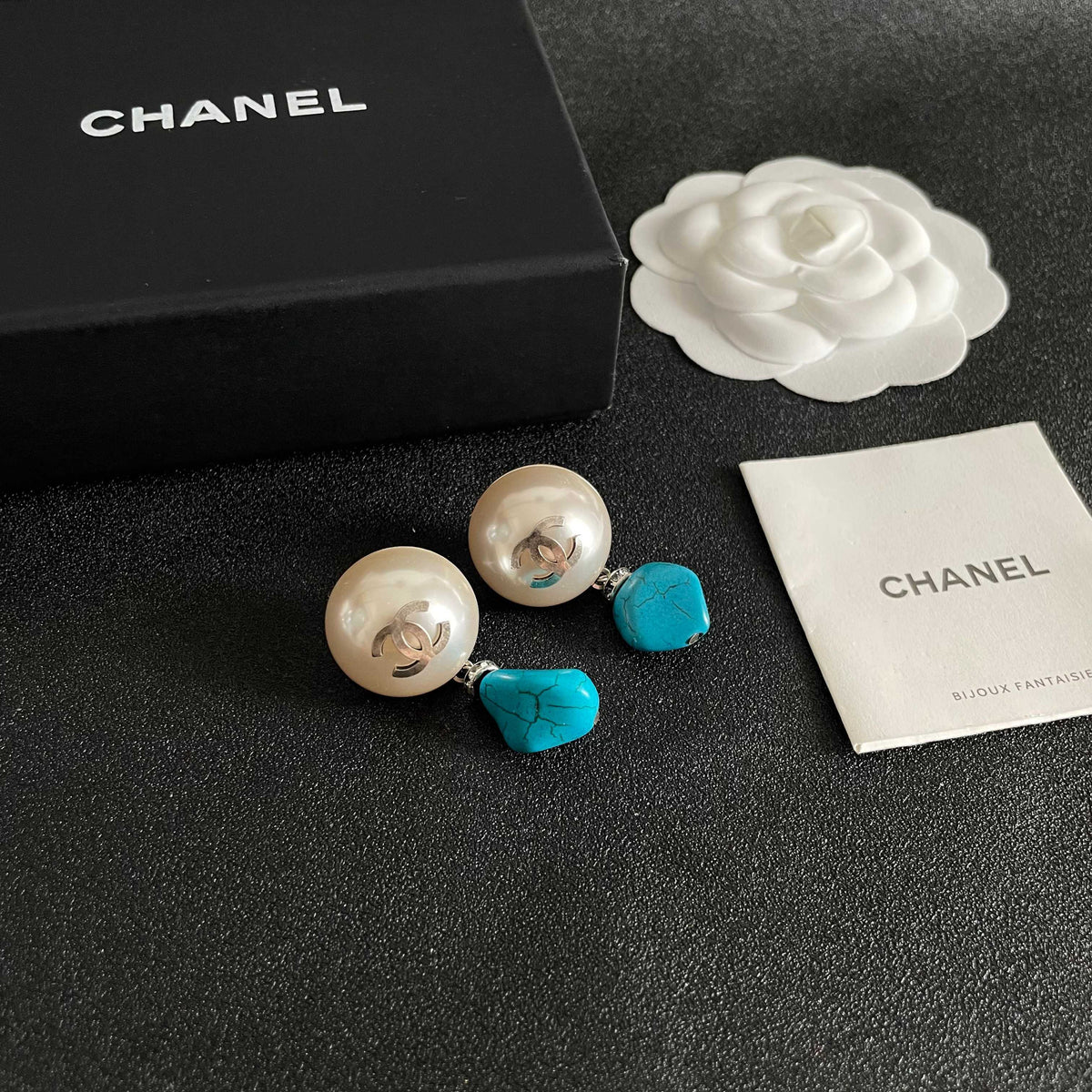 Double-C Emblem Pearl-Detail Statement Earrings – Pearl Detail – Design 033 styled product view