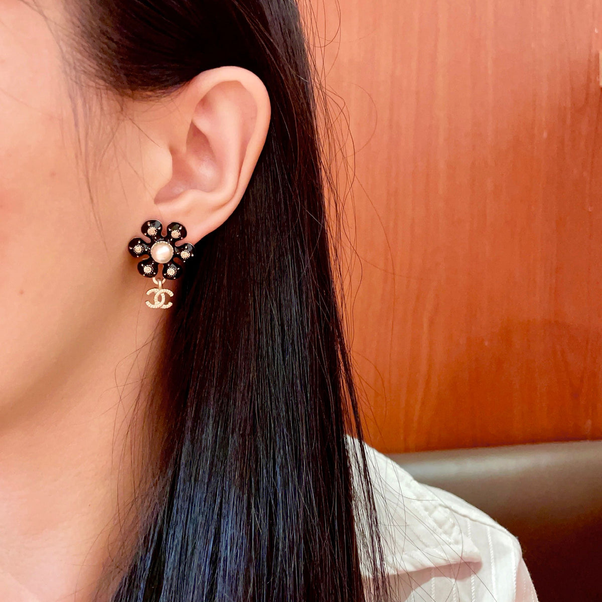 Camellia Stud Earrings in Polished Metal-Tone – Camellia Detail – Design 058 detail view