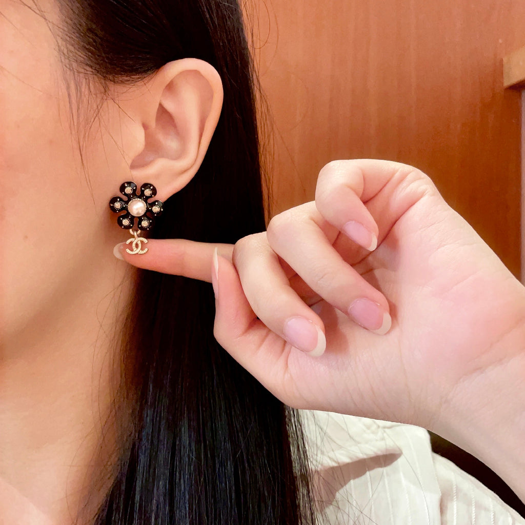 Camellia Stud Earrings in Polished Metal-Tone – Camellia Detail – Design 052 front product view