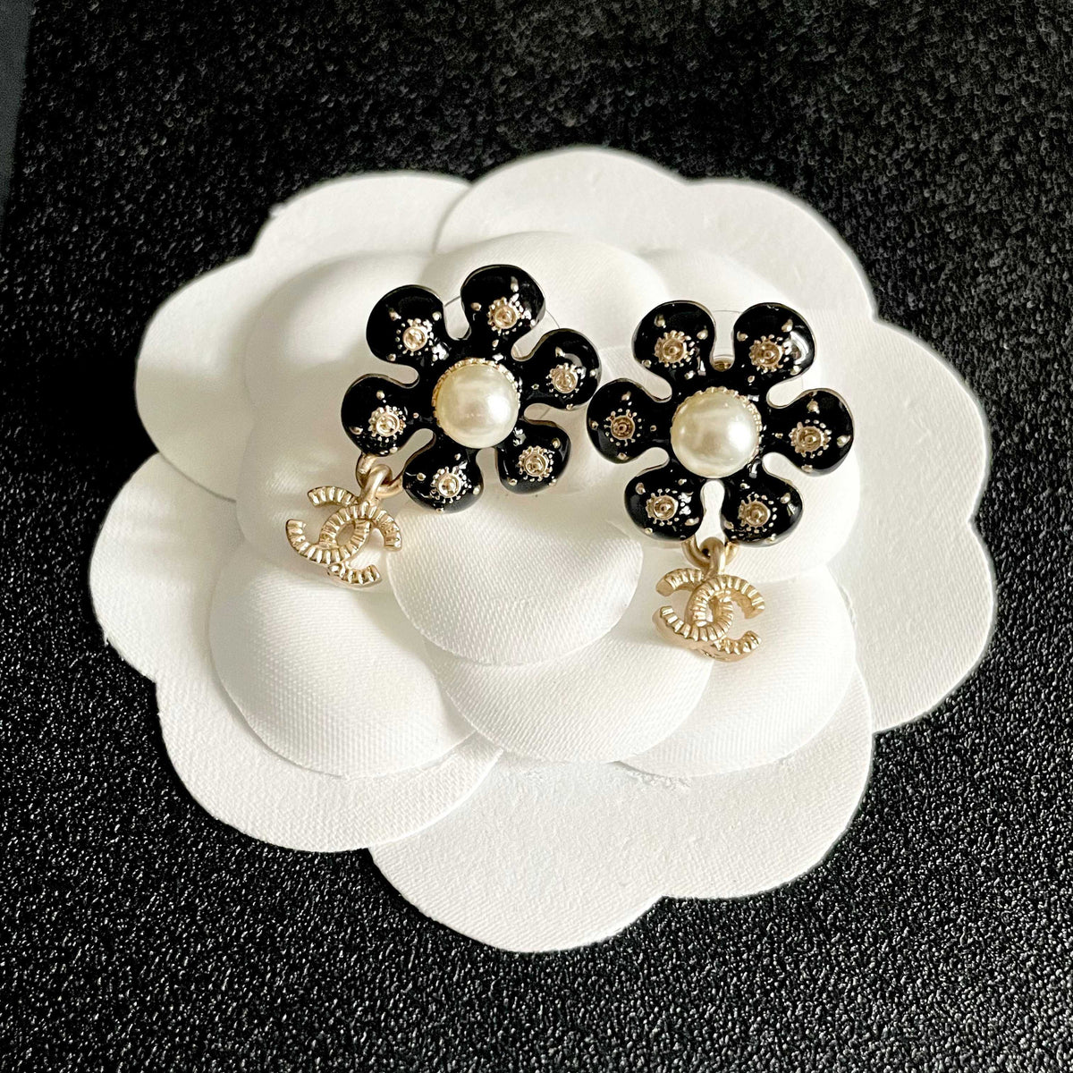 Camellia Stud Earrings in Polished Metal-Tone – Camellia Detail – Design 052 front product view