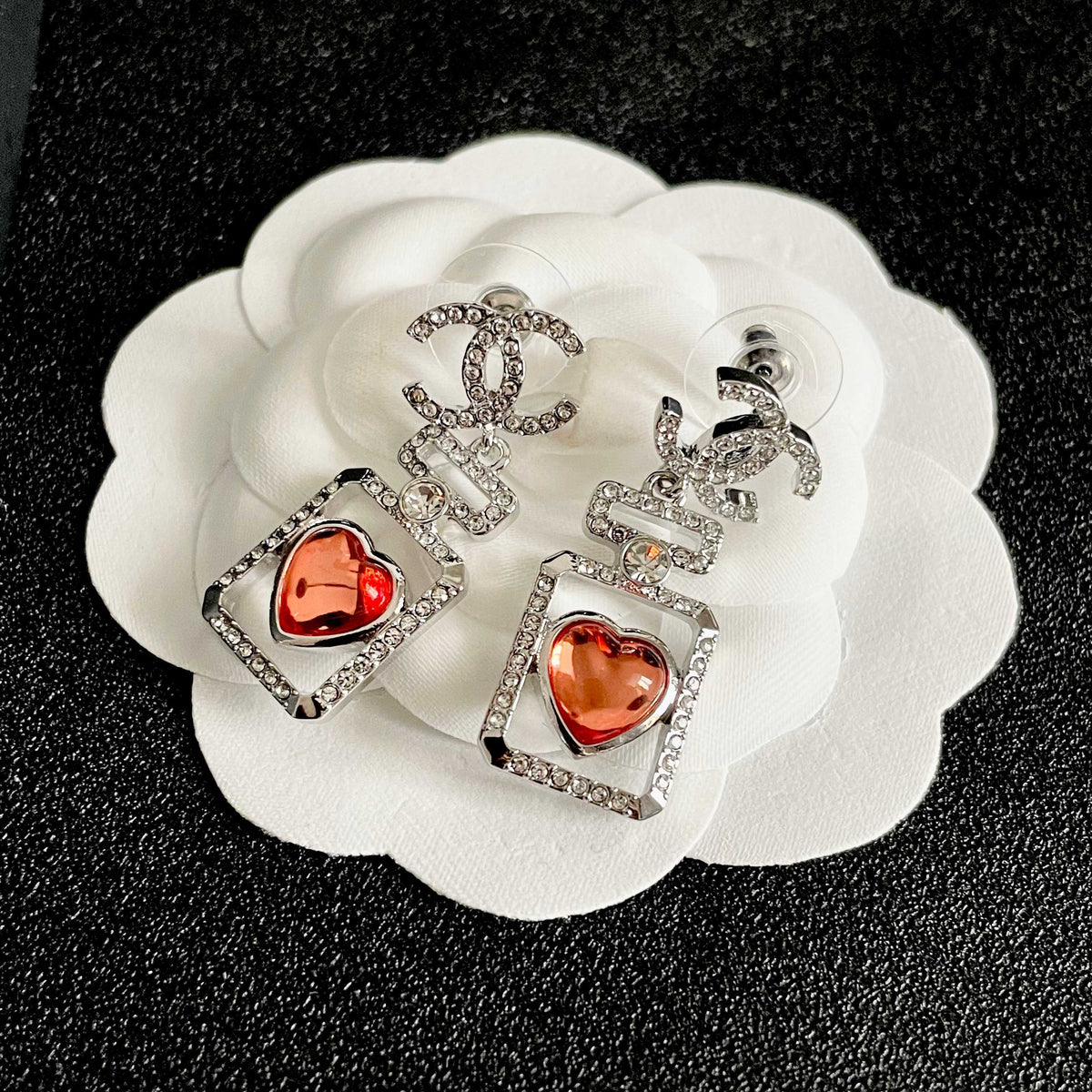 Double-C Emblem Statement Earrings in Polished Metal-Tone – Heart Detail – Design 008 front product view