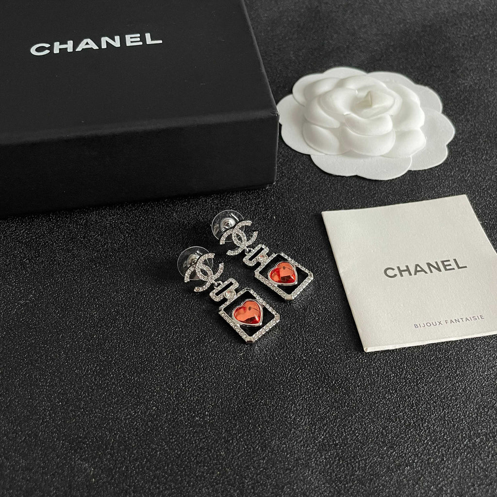 Double-C Emblem Statement Earrings in Polished Metal-Tone – Heart Detail – Design 008 styled product view