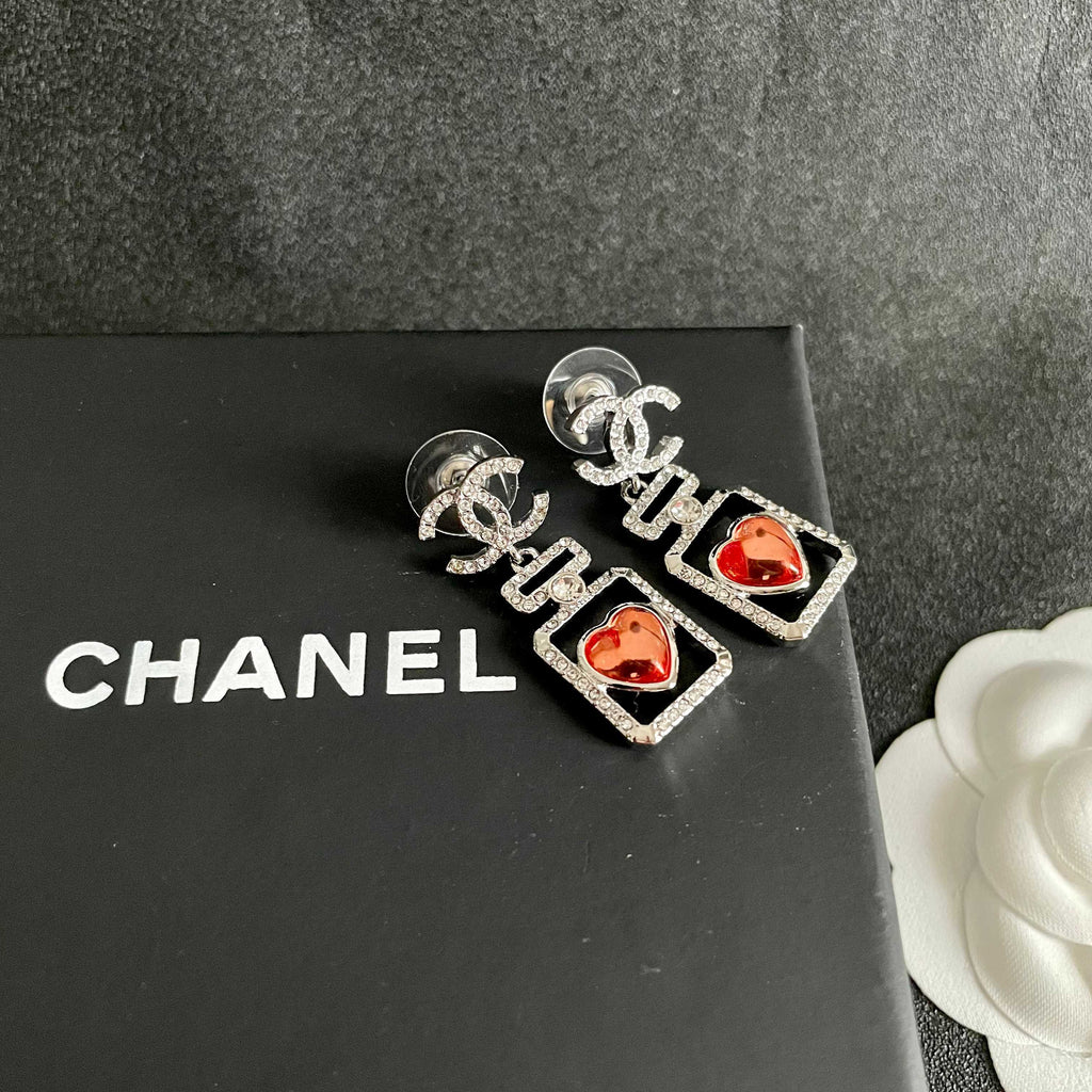 Double-C Emblem Statement Earrings in Polished Metal-Tone – Heart Detail – Design 007 detail view