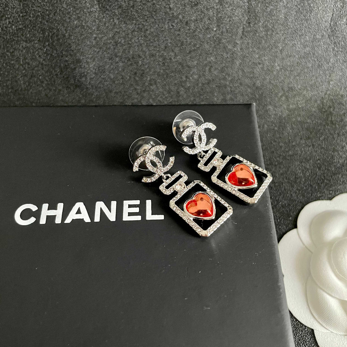 Double-C Emblem Statement Earrings in Polished Metal-Tone – Heart Detail – Design 007 detail view