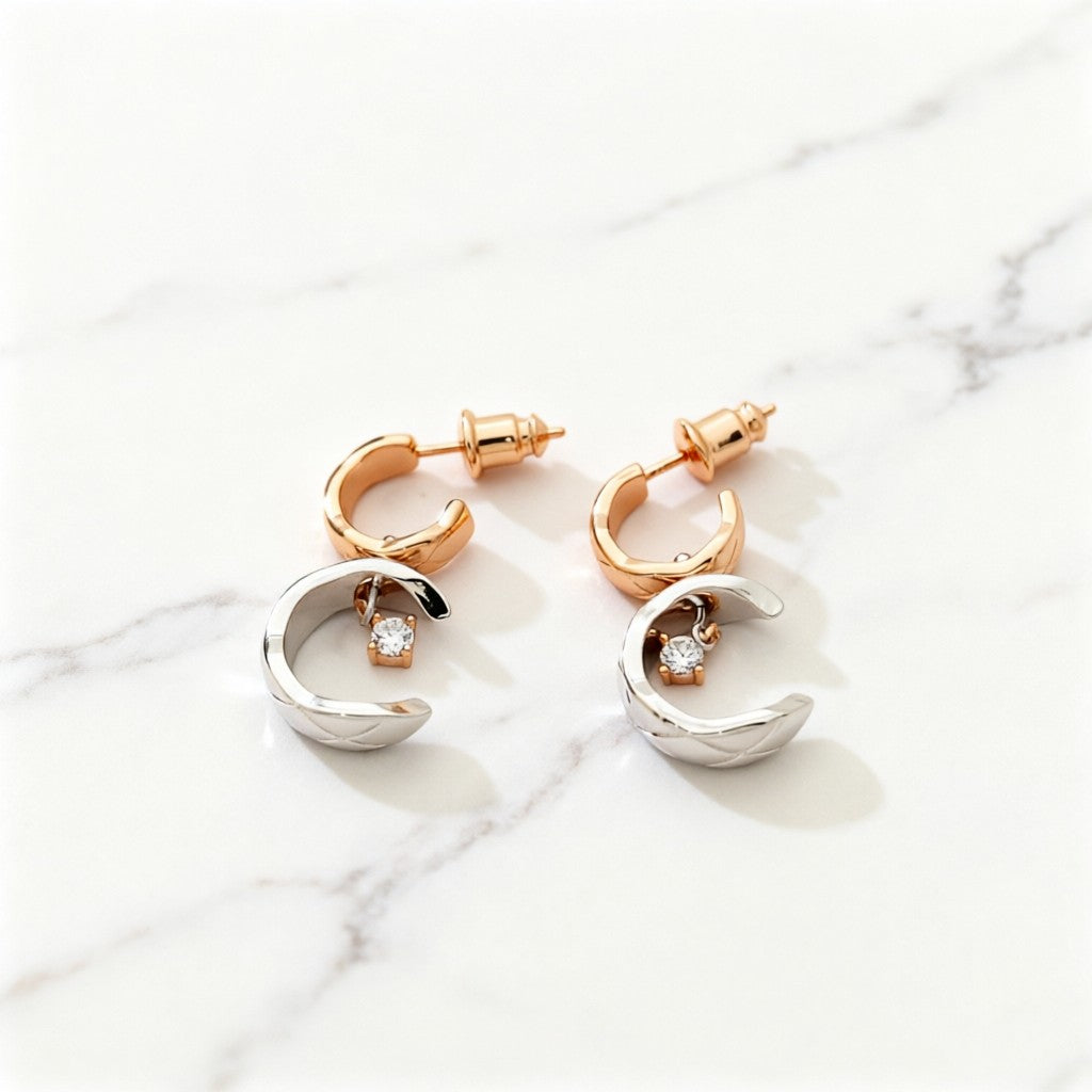 Signature Emblem Stud Earrings in Polished Metal-Tone – Design 062 detail view
