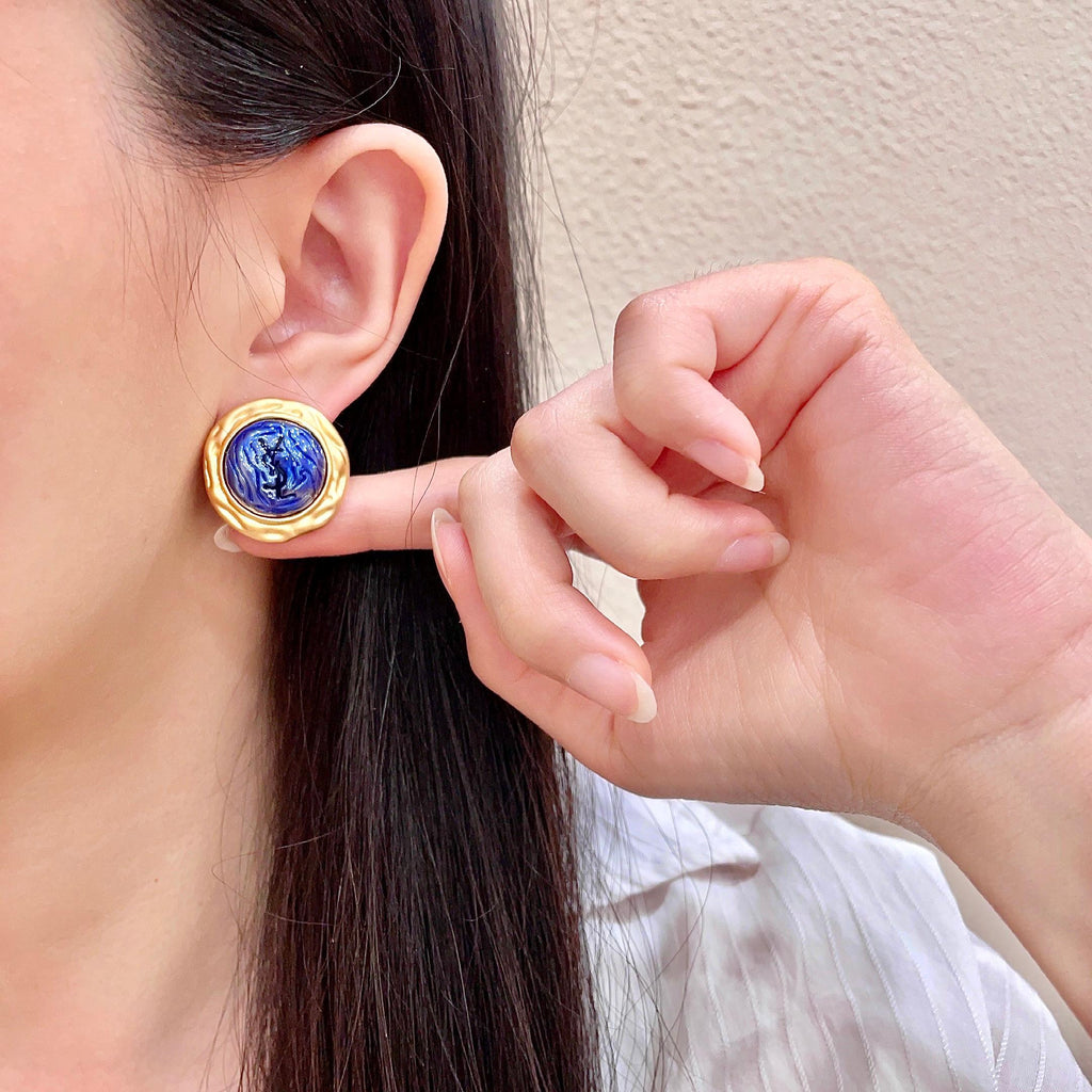 Geometric Emblem Stud Earrings in Silver-Tone – Vintage Detail – Design 006 front product view