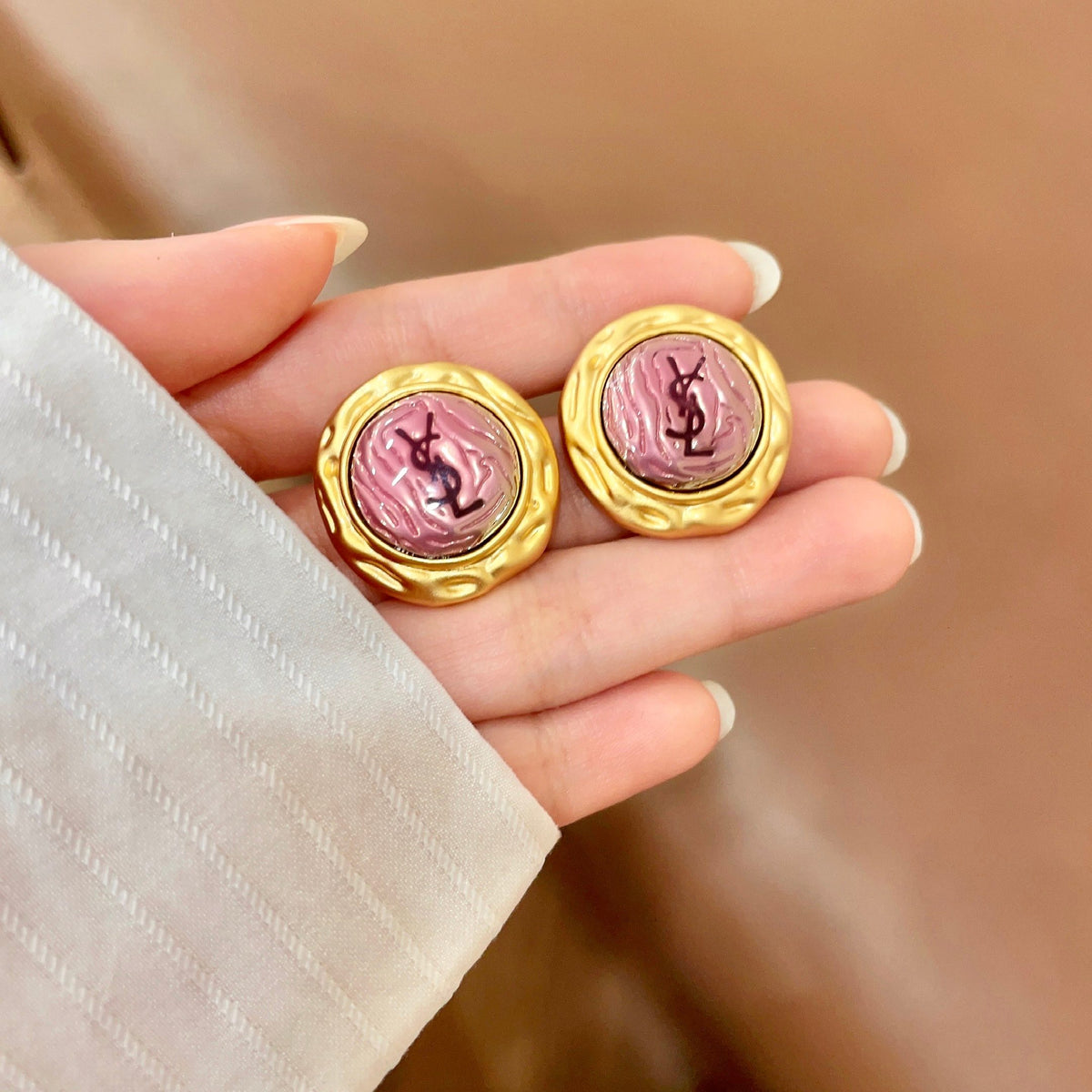 Signature Emblem Stud Earrings in Silver-Tone – Design 012 side detail