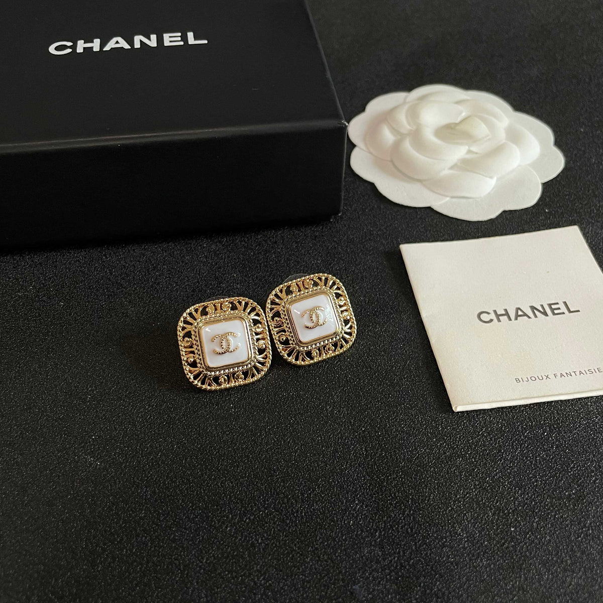 Double-C Emblem Stud Earrings in Polished Metal-Tone – Design 139 styled product view