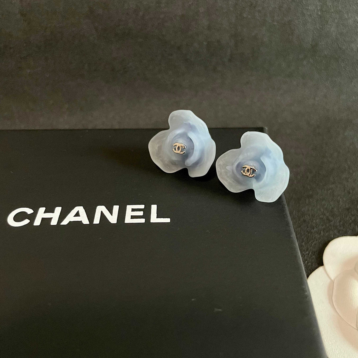 Double-C Emblem Stud Earrings in Polished Metal-Tone – Design 134 detail view
