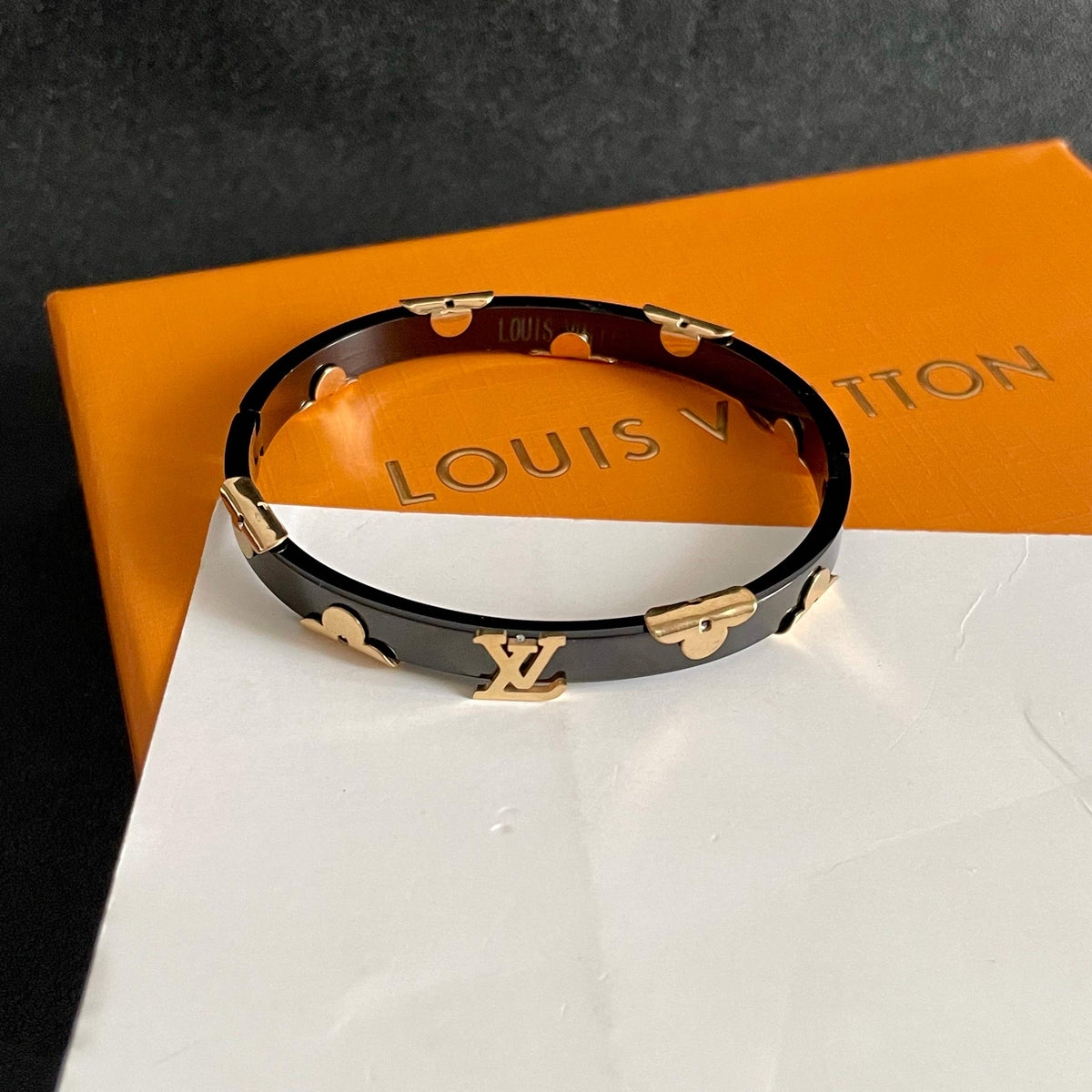 Geometric Emblem Bangle in Polished Metal-Tone – Design 001 styled product view
