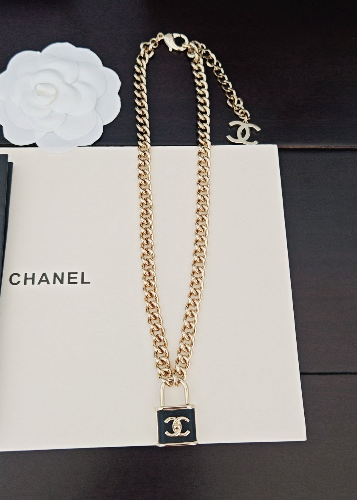 Signature Emblem Pendant Necklace in Gold-Tone – Black Detail – Design 006 side detail